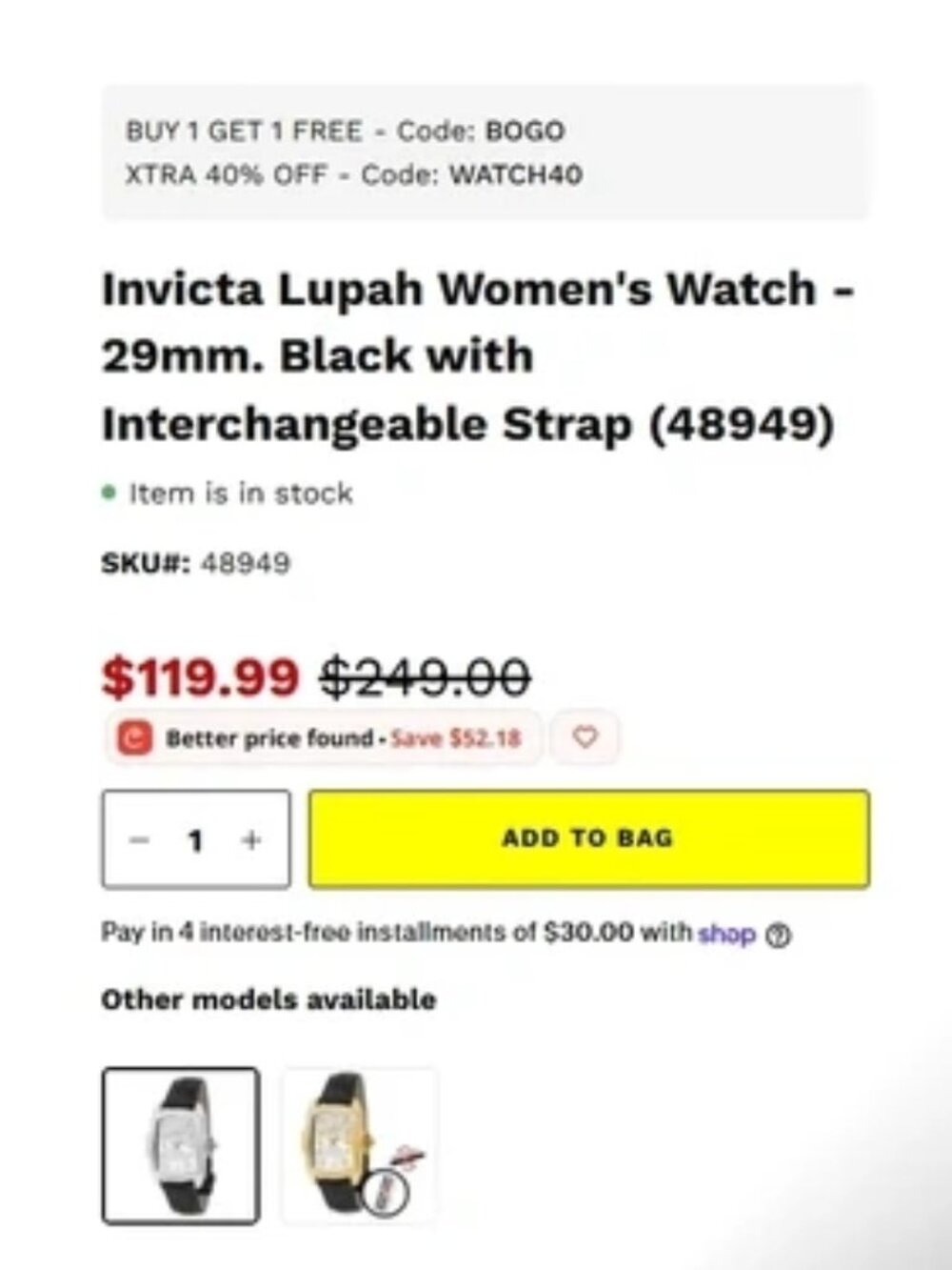New Invicta lupah women's watch 48949 29mm black $250